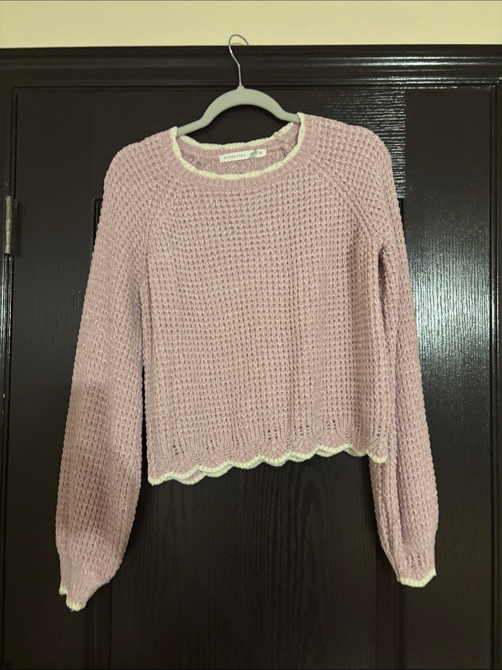 Altar'd State Pink Waffle-Knit Crewneck Sweater with Cream Scallop Trim